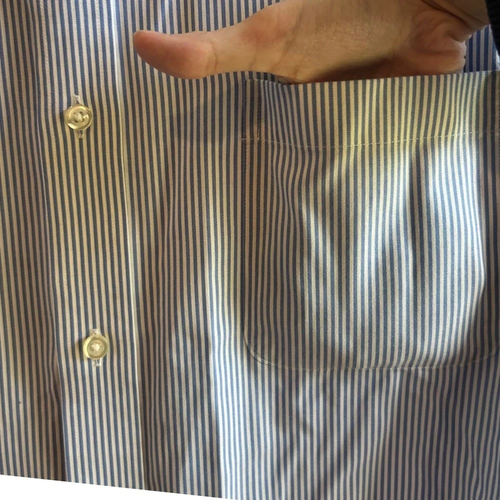 Lands' End Button Down Shirt Men XL Blue White Striped No Iron Pinpoint Oxford
